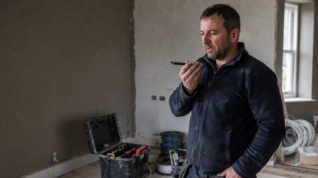 Irish electrician sending a voice note while working on a house renovation.