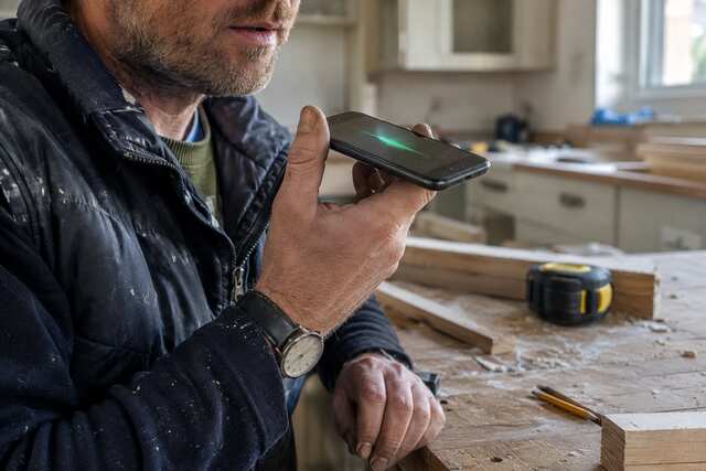 Carpenter recording a voice update from a customer's kitchen.