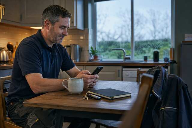Tradesman reading his morning work briefing before leaving home.